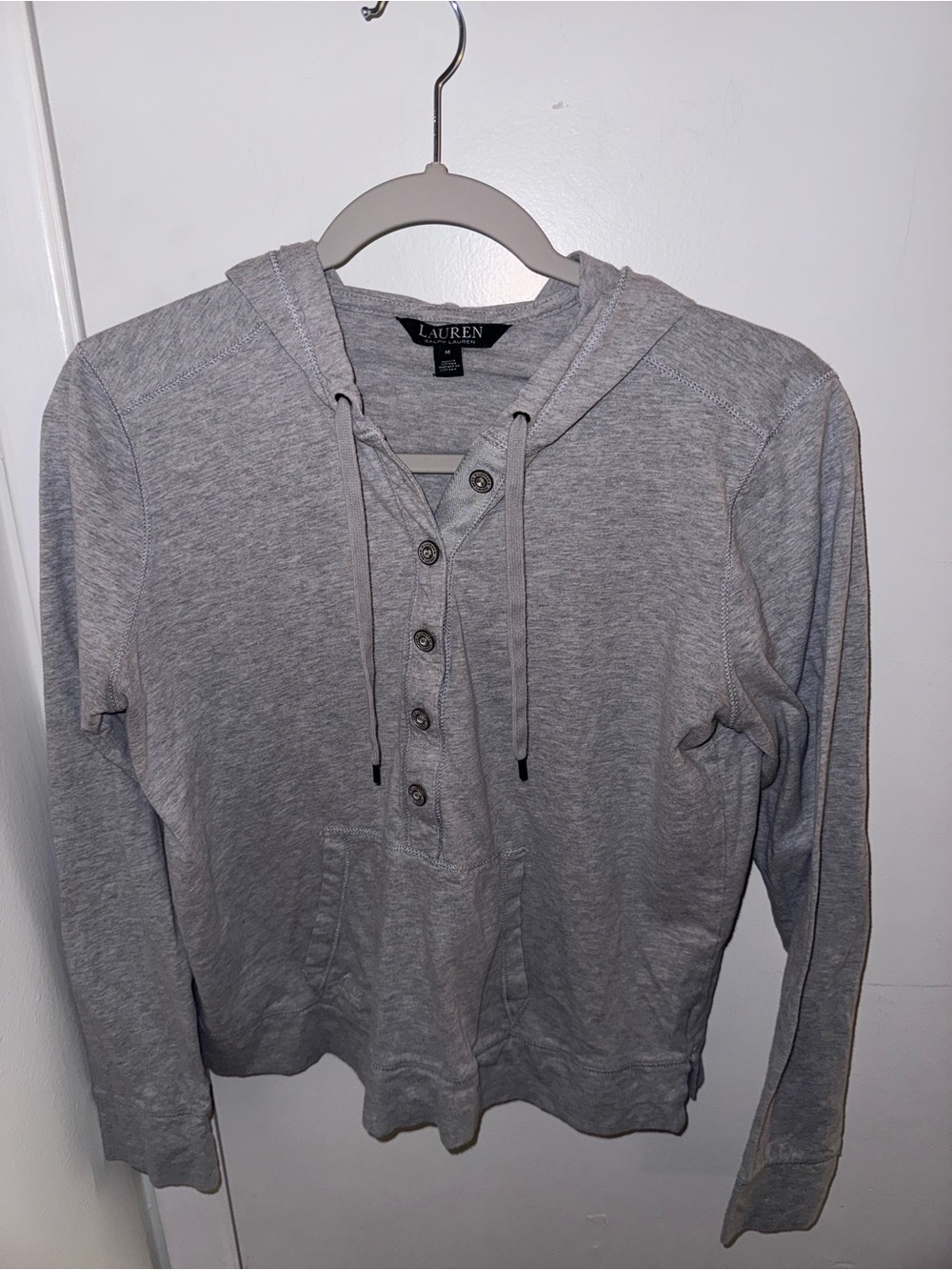Lauren Ralph Lauren Heather Grey Button Henley Pullover Hoodie Sweatshirt